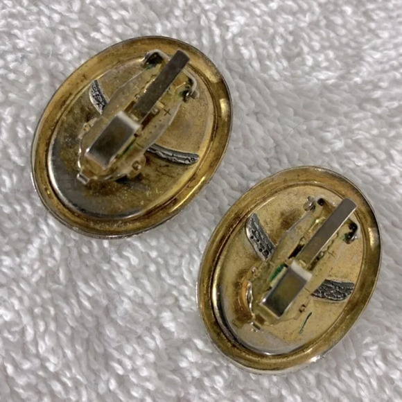 Vintage Blue Faux Abalone W Silver Tone Trim Oval Clop On  Earrings - Picture 2 of 9